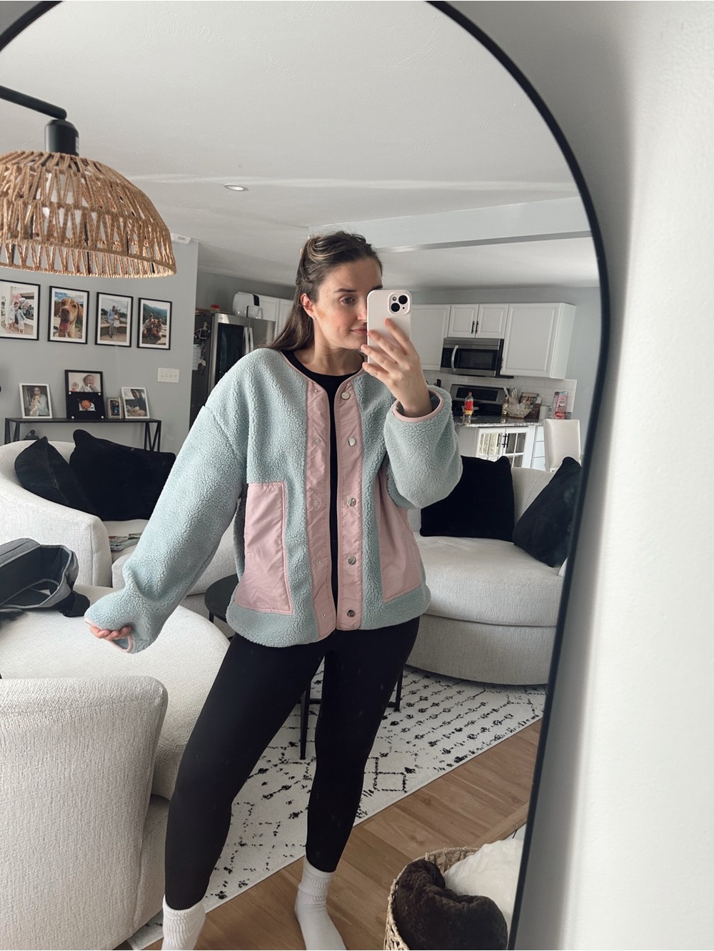 Cozy Contrast Sherpa Jacket in Sage and Pink